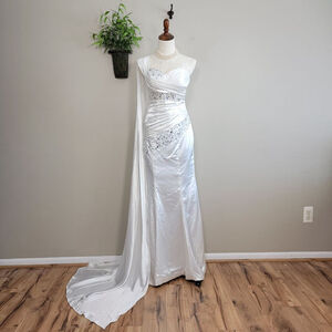 NEW Missacc Ruched One Shoulder White Satin Sequin Sheer Corset Wedding Dress 2